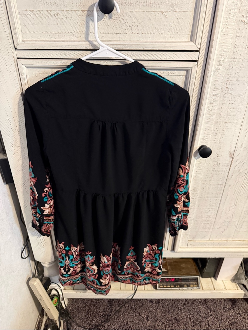 Floreat Black Long Sleeve Dress with Teal and Pink Embroidery